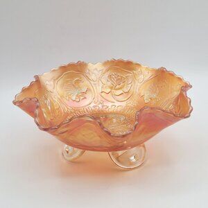 Fenton Dragon Lotus Spatula Foot Marigold Iridescent Carnival Glass Ruffled Bowl